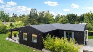 Ein modernes, schwarzes Haus mit geneigtem Dach, großen Fenstern und einer Terrasse.