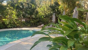 Uma piscina com espreguiçadeiras e guarda-sóis, cercada por vegetação exuberante.