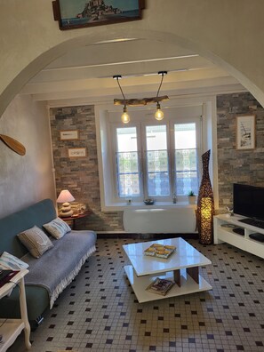 Télévision, table de tennis de table, livres, chaîne hi-fi