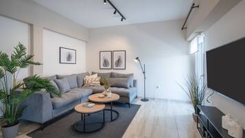 Luxury Apartment | Living area | 55-inch Smart TV with cable channels