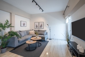 Luksusleilighet | Oppholdsområde | En 55-tommers smart-TV med kabel-kanaler