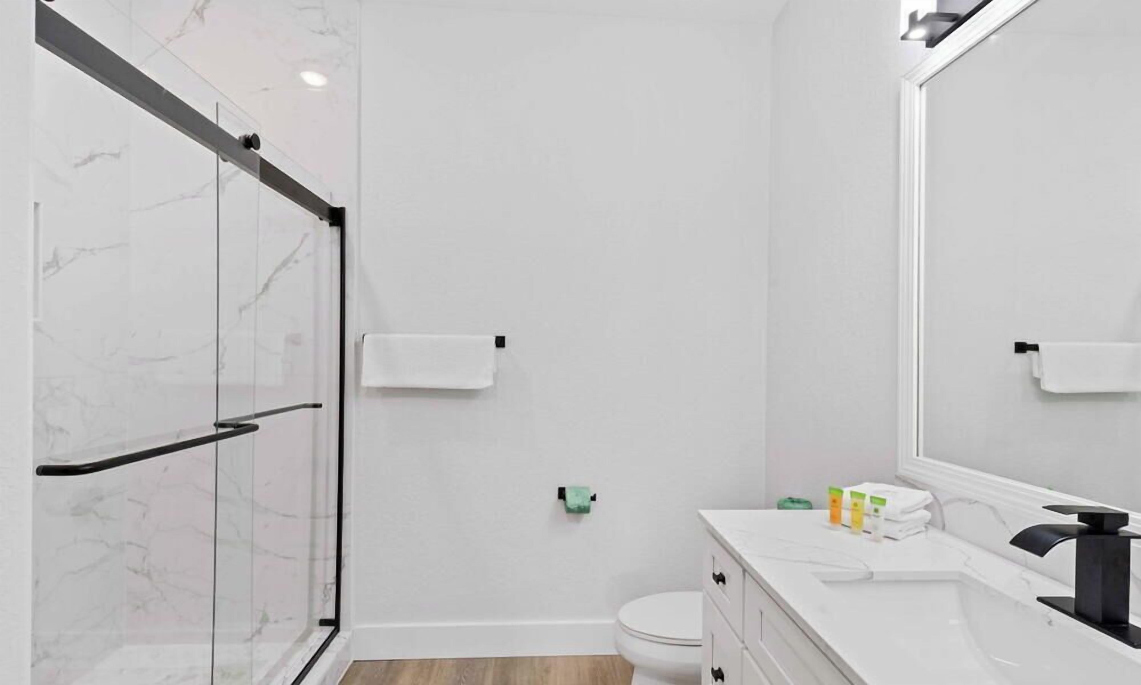 Ein modernes Badezimmer mit einer Duschkabine aus Glas, einer Toilette und einem Waschbecken mit Spiegel.