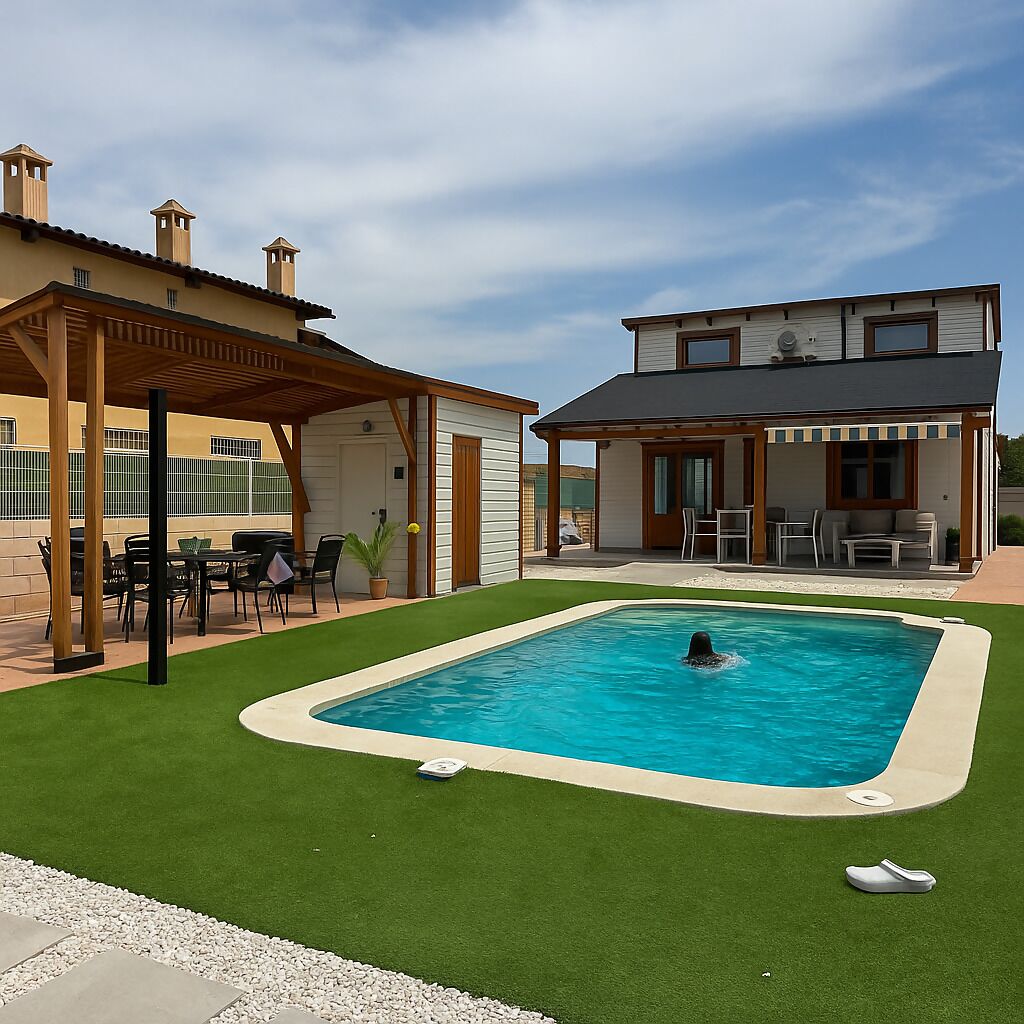 Una piscina con césped artificial, un porche cubierto y un edificio de dos pisos con un área de estar al aire libre techada.