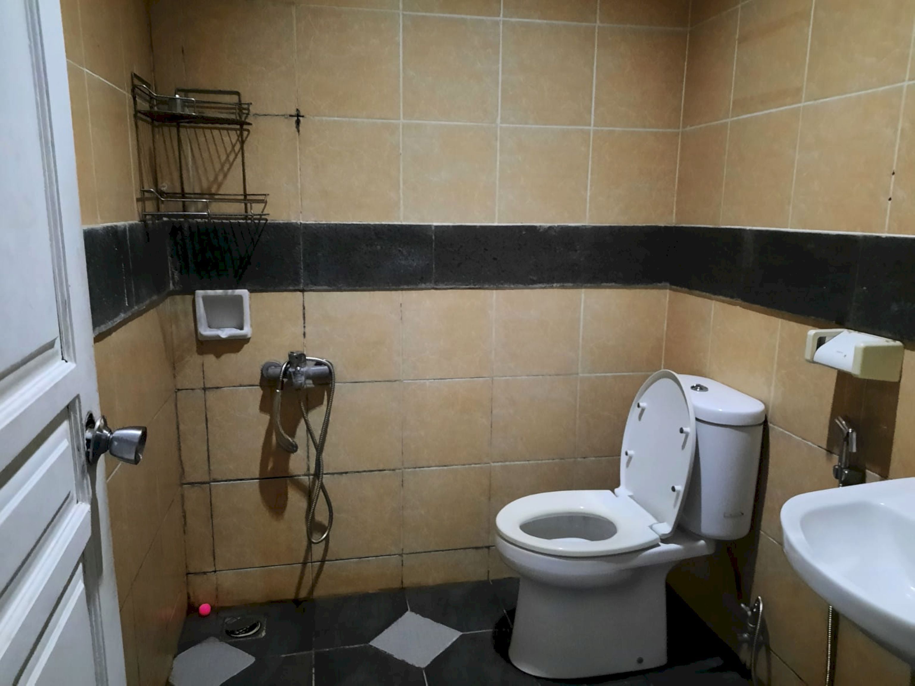Un baño pequeño con inodoro, lavamanos y ducha.