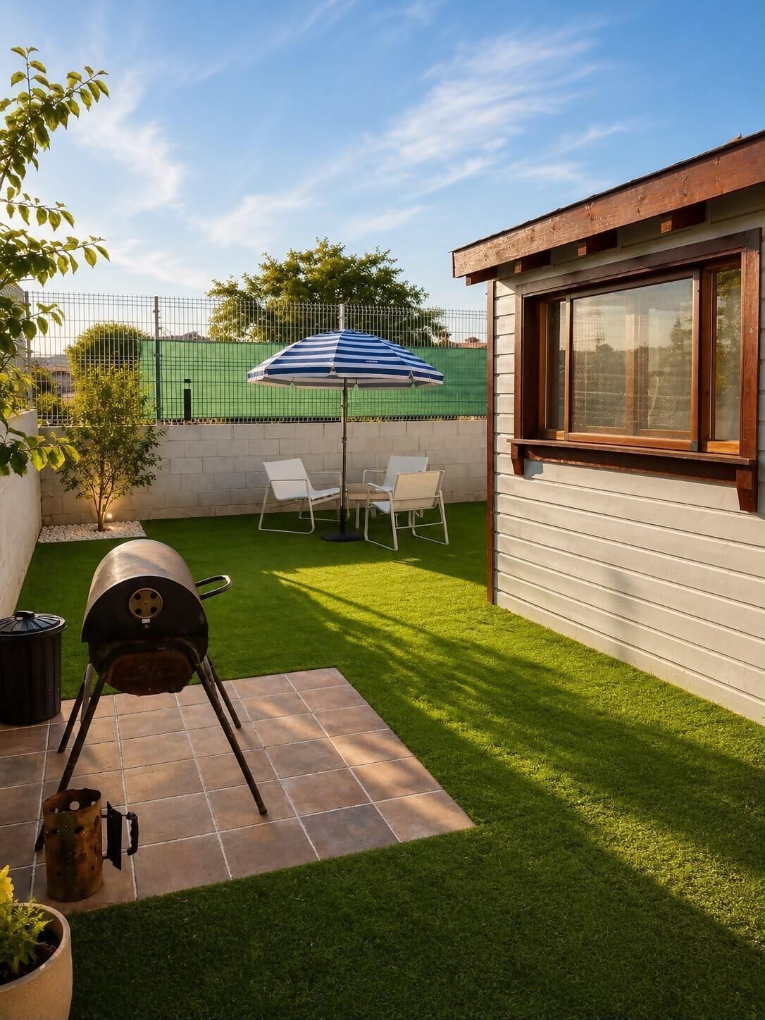 Un patio con césped artificial, una parrilla, una mesa con sillas y una cerca verde.