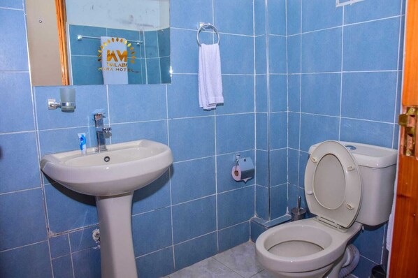 A bathroom with a sink, toilet, and a mirror. - Walabi Mara Hotel (Narok)