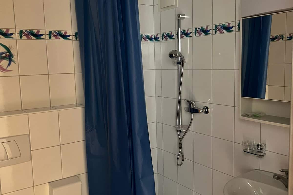 Shower, pengering rambut, lantai berpemanas, dan handuk