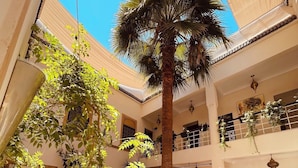 A multi-level courtyard with indoor seating, a palm tree, and potted plants. - Riad Oasissime Marrakech (Marrakech)