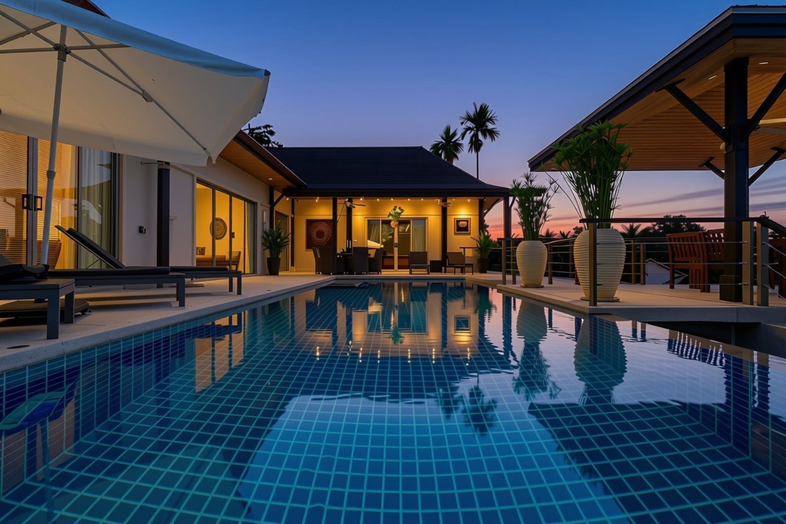 Une piscine avec une terrasse carrelée, des chaises longues et un espace salon abrité.