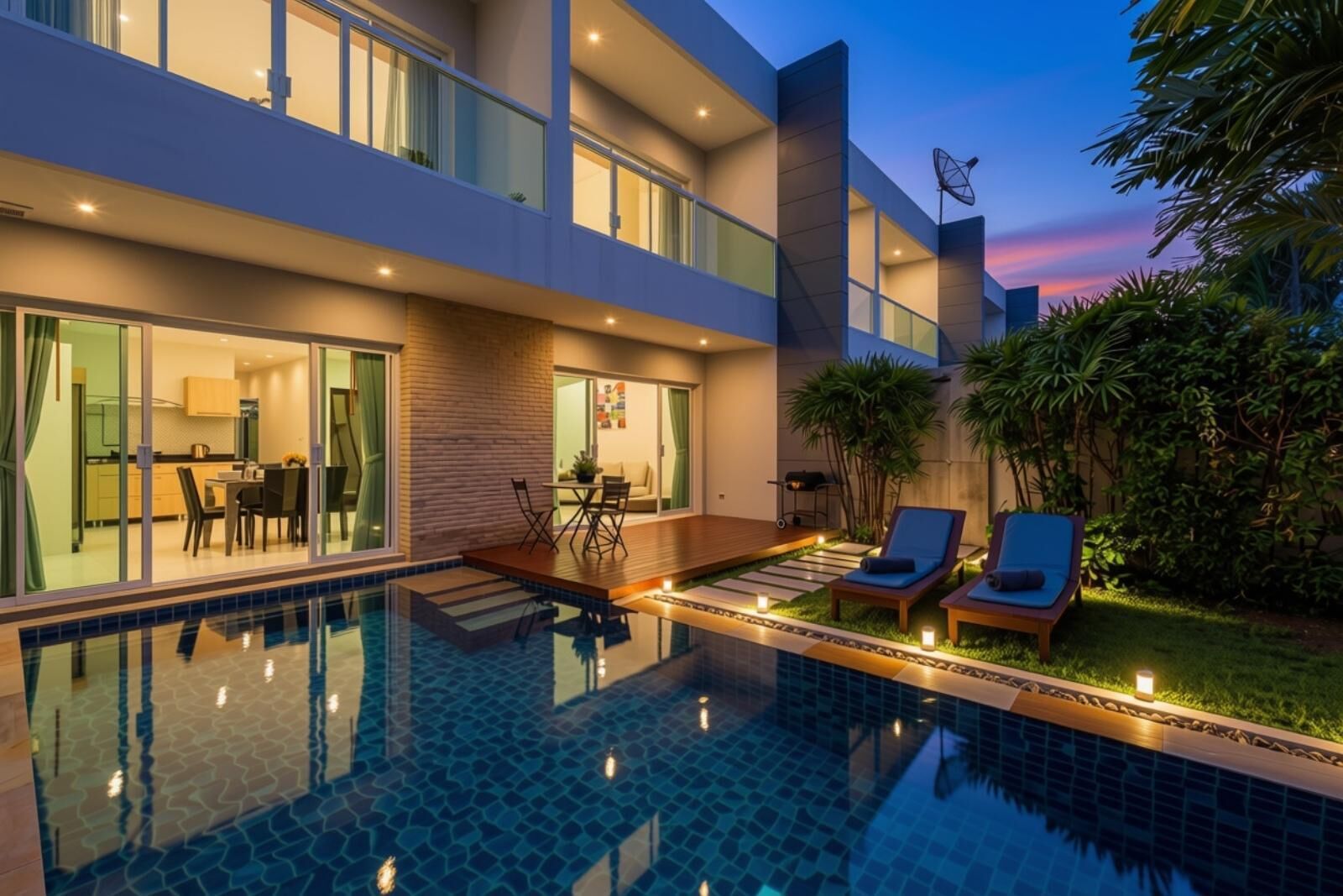 Una casa moderna con piscina, comedor y sala de estar con sillones.