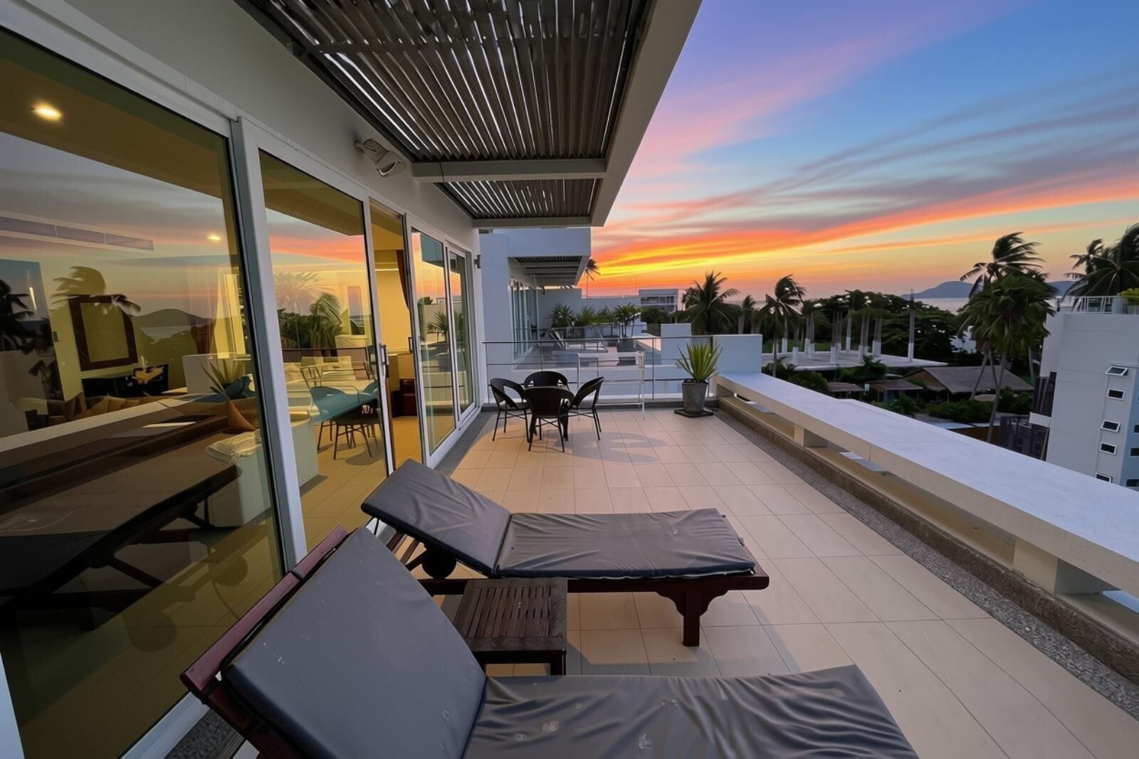A modern outdoor patio with lounge chairs, a dining area, and a view of the sunset.