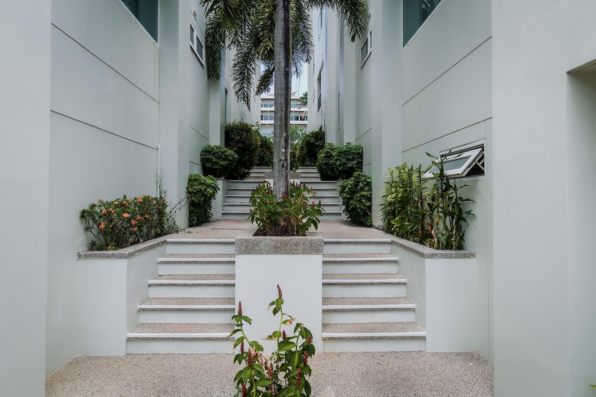 A modern building with a central staircase flanked by greenery and plants.
