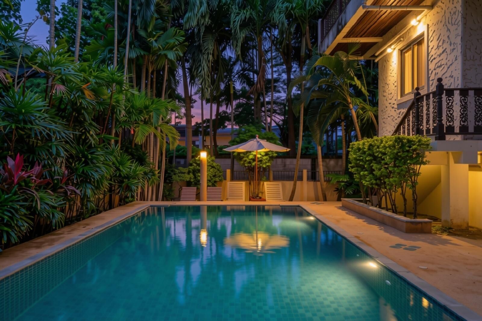 A swimming pool surrounded by lush greenery and a building with a balcony.