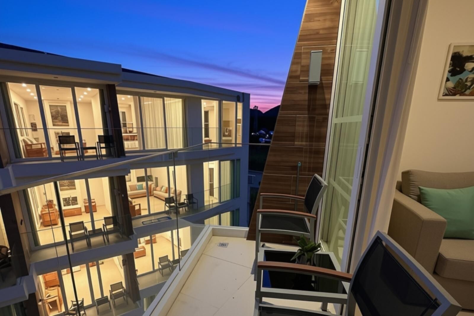 A modern multi-level residential building with glass balconies, a flat roof, and a view of the night sky.