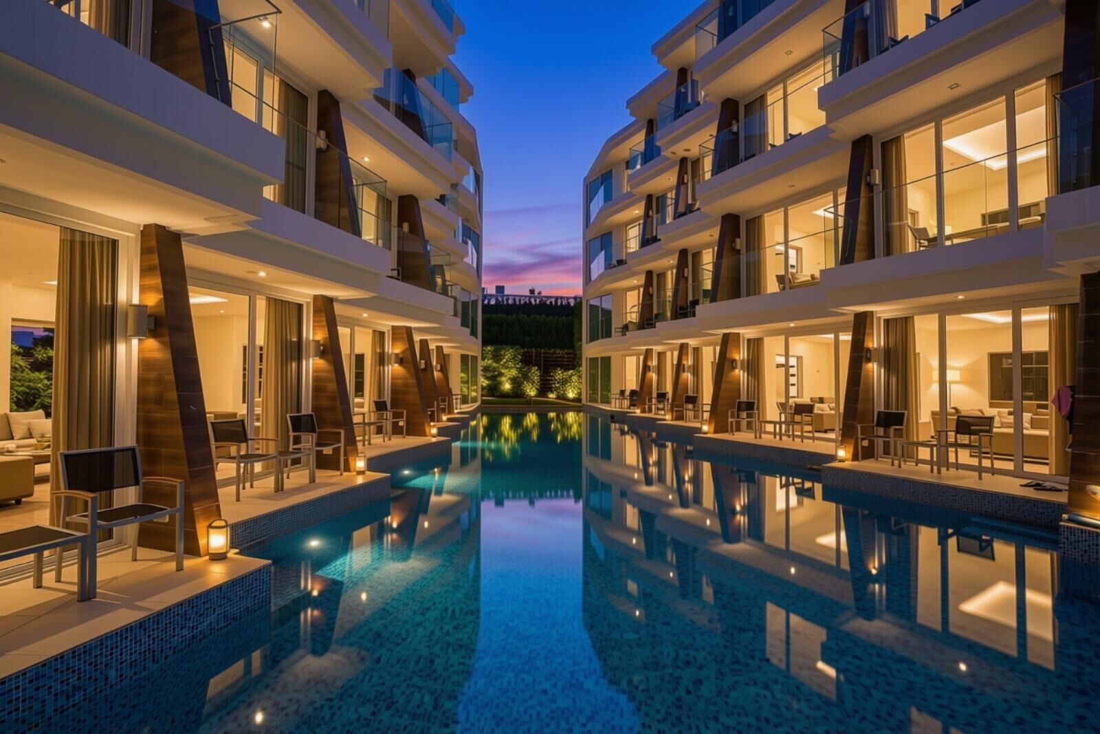 A modern hotel with a central swimming pool, multiple balconies, and outdoor seating areas.