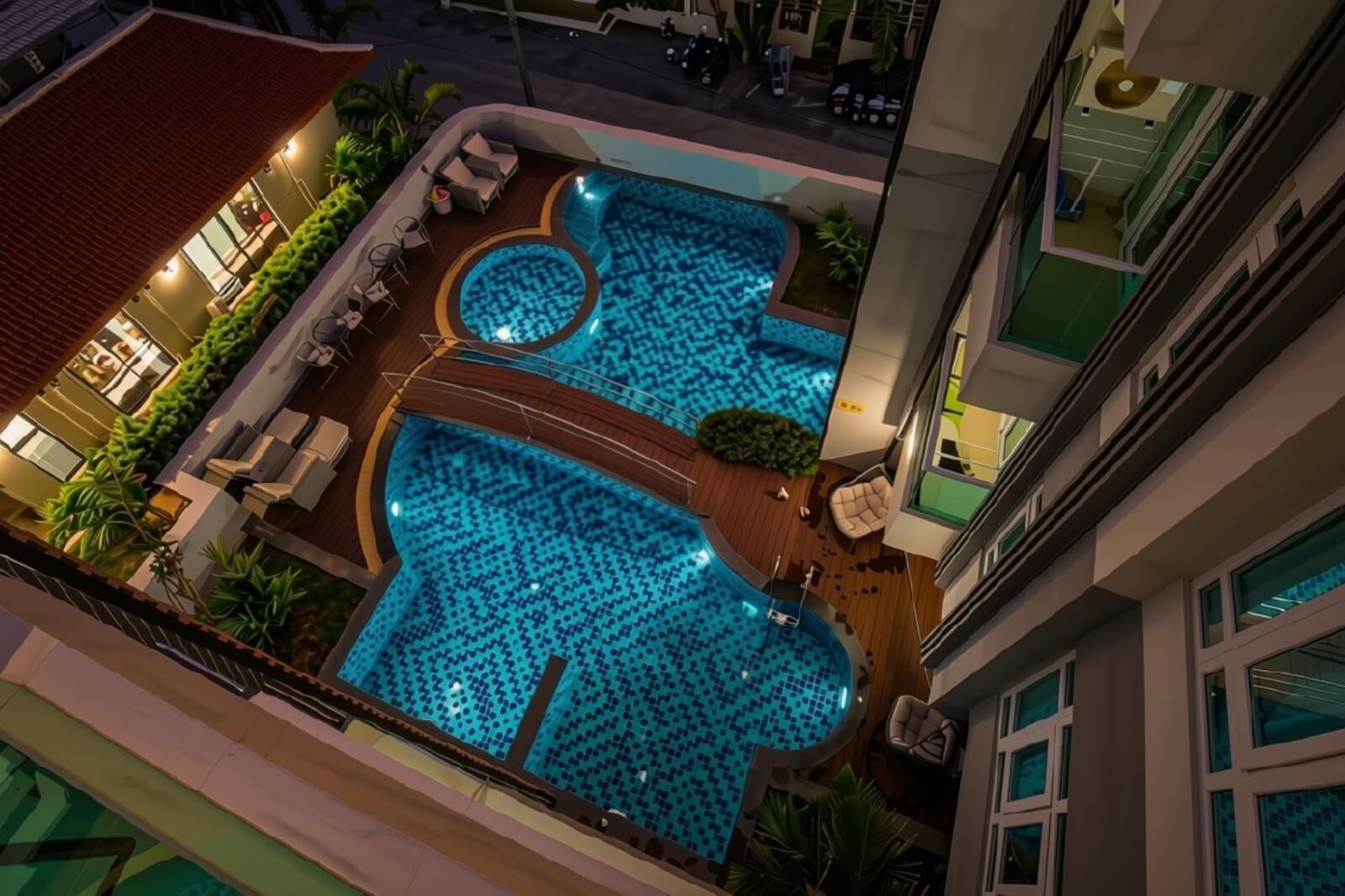 Una piscina en la azotea con varias secciones y un solárium.