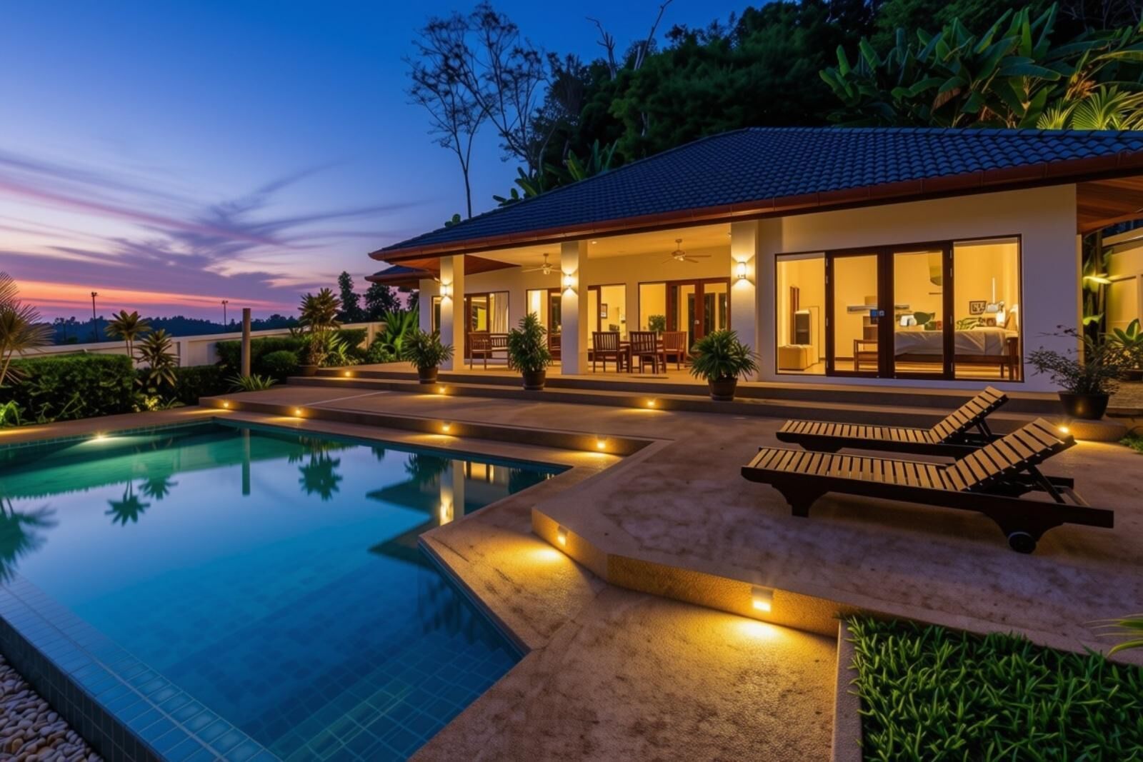 Une maison moderne dotée d’une piscine, d’un espace salon extérieur et d’une terrasse bien éclairée.