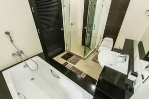 Combined shower/bathtub, hair dryer, bidet