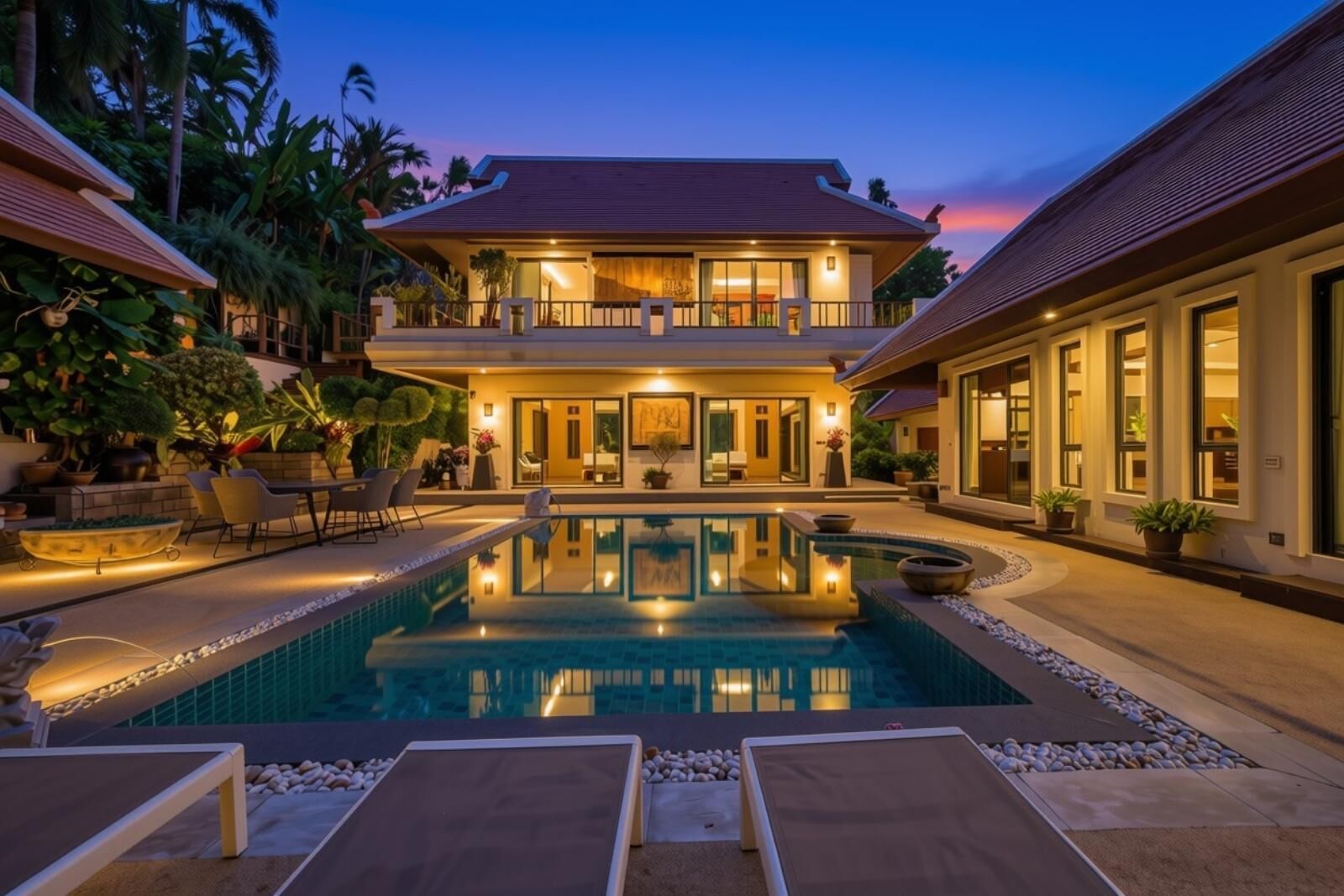 Una casa de dos pisos con piscina, mobiliario exterior e ingreso bien iluminado.