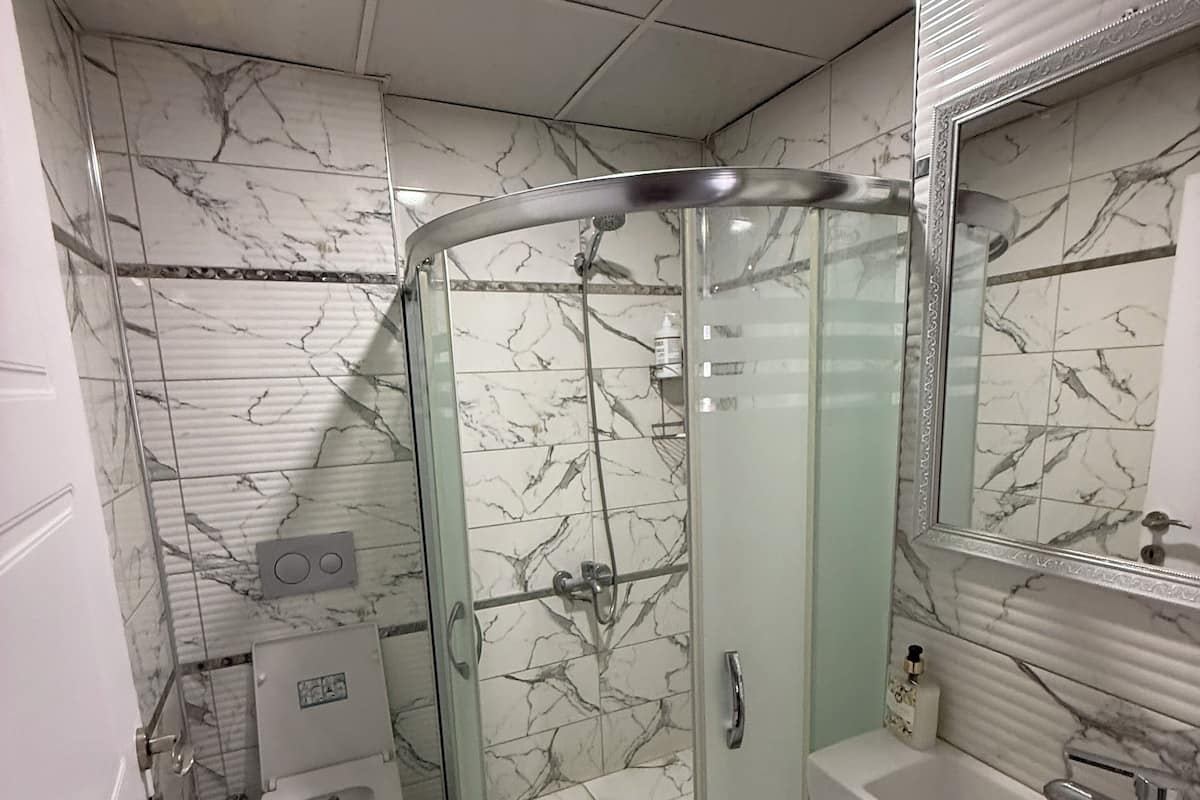 Shower, hydromassage showerhead, hair dryer, towels