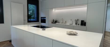 A modern kitchen with a large island, built-in appliances, and a window providing a view of greenery.