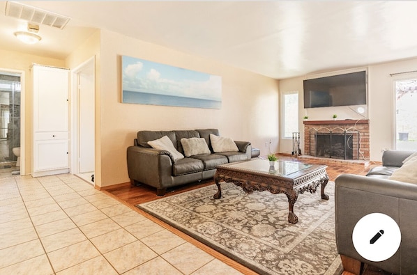 Smart TV, fireplace, books