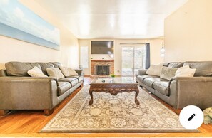 Smart TV, fireplace, books