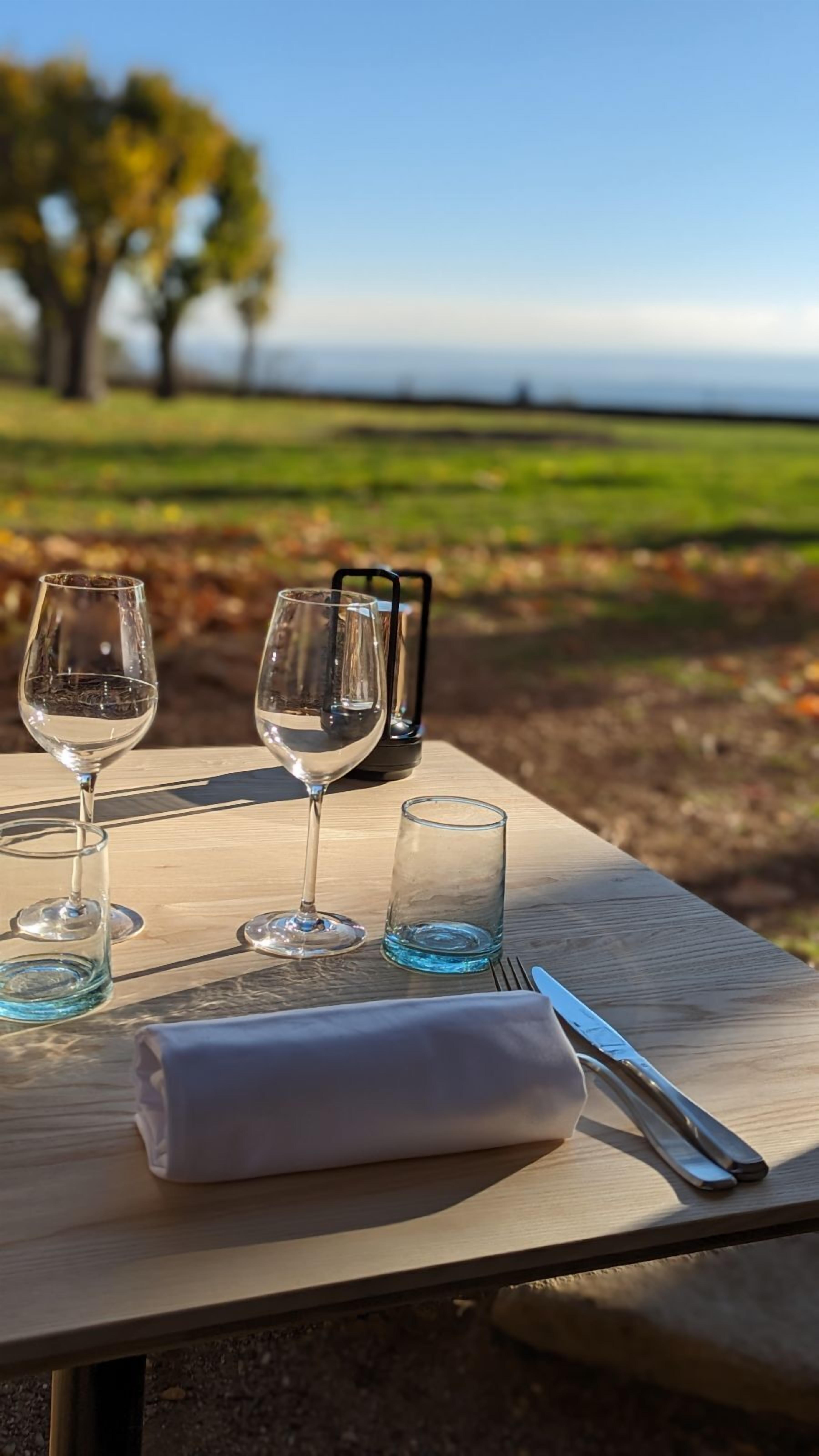 Une table dressée avec des verres à vin, un verre d’eau, une serviette et des couverts, avec en arrière-plan la vue d’un arbre et d’un paysage.