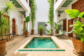 A pool area with potted plants, a chair, and a patterned wall.