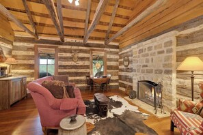 Smart TV, fireplace, books