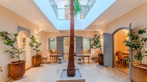Un espai interior ampli amb una palmera al centre, diverses disposicions de seients i plantes en testos.