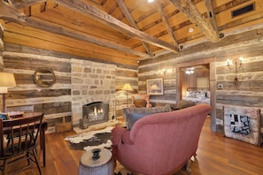 Smart TV, fireplace, books