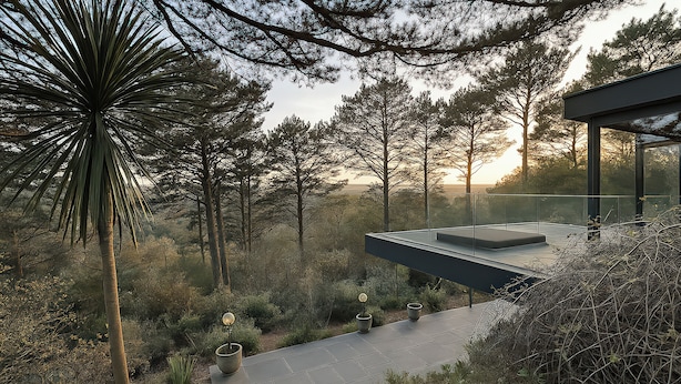 A modern outdoor seating area with a glass railing overlooking a forested landscape. - Landmark (Salcombe)