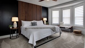 A bedroom with a bed, bedside lamps, a ceiling fan, and a window with blinds.