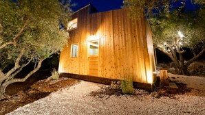 Una cabaña de madera con una sola entrada y dos ventanas, rodeada de árboles y grava.