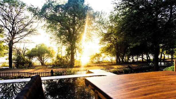 Un banco de madera con vista a una masa de agua tranquila, con árboles y una valla al fondo.