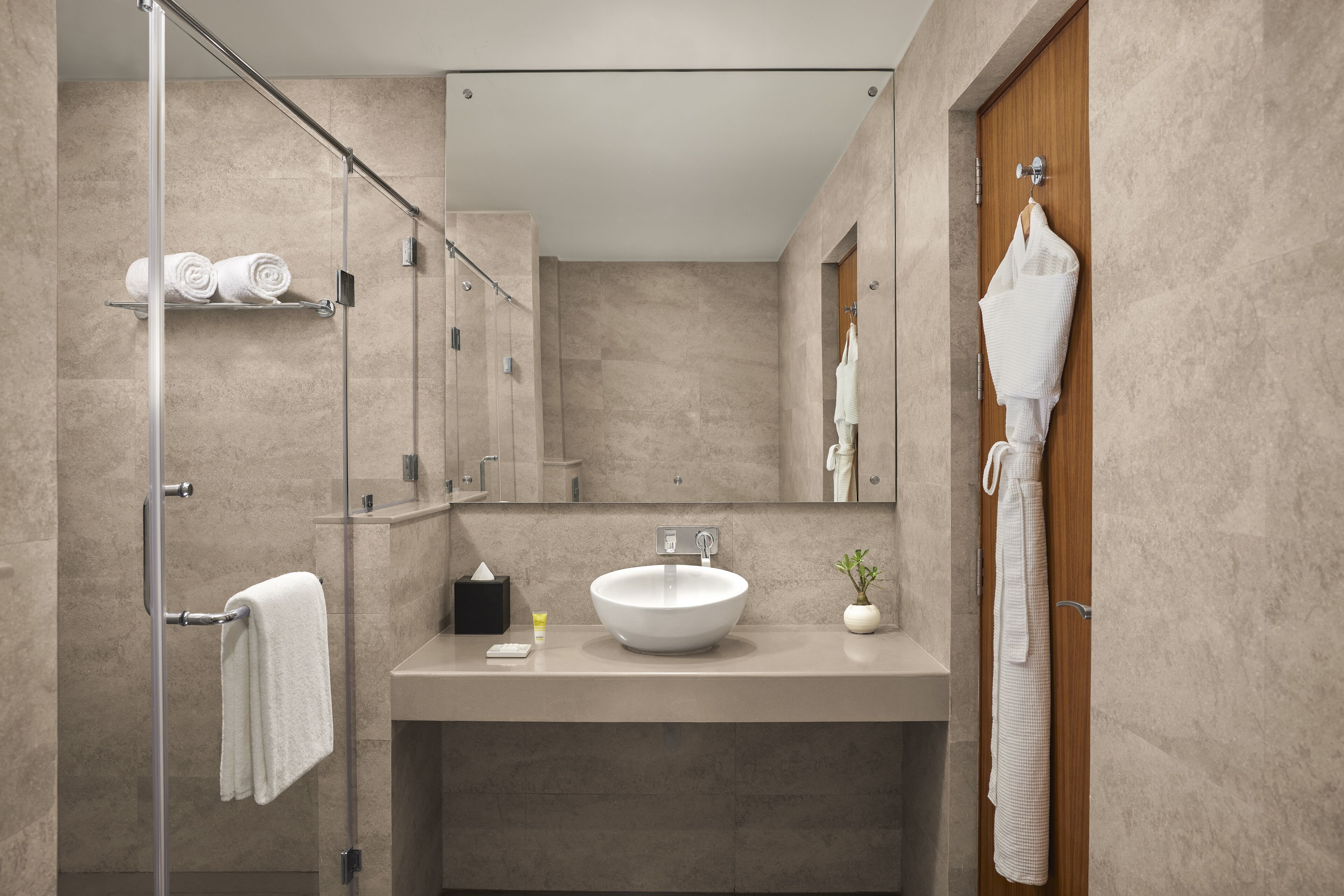 A modern bathroom with a glass shower enclosure, a large sink, and a wooden door.