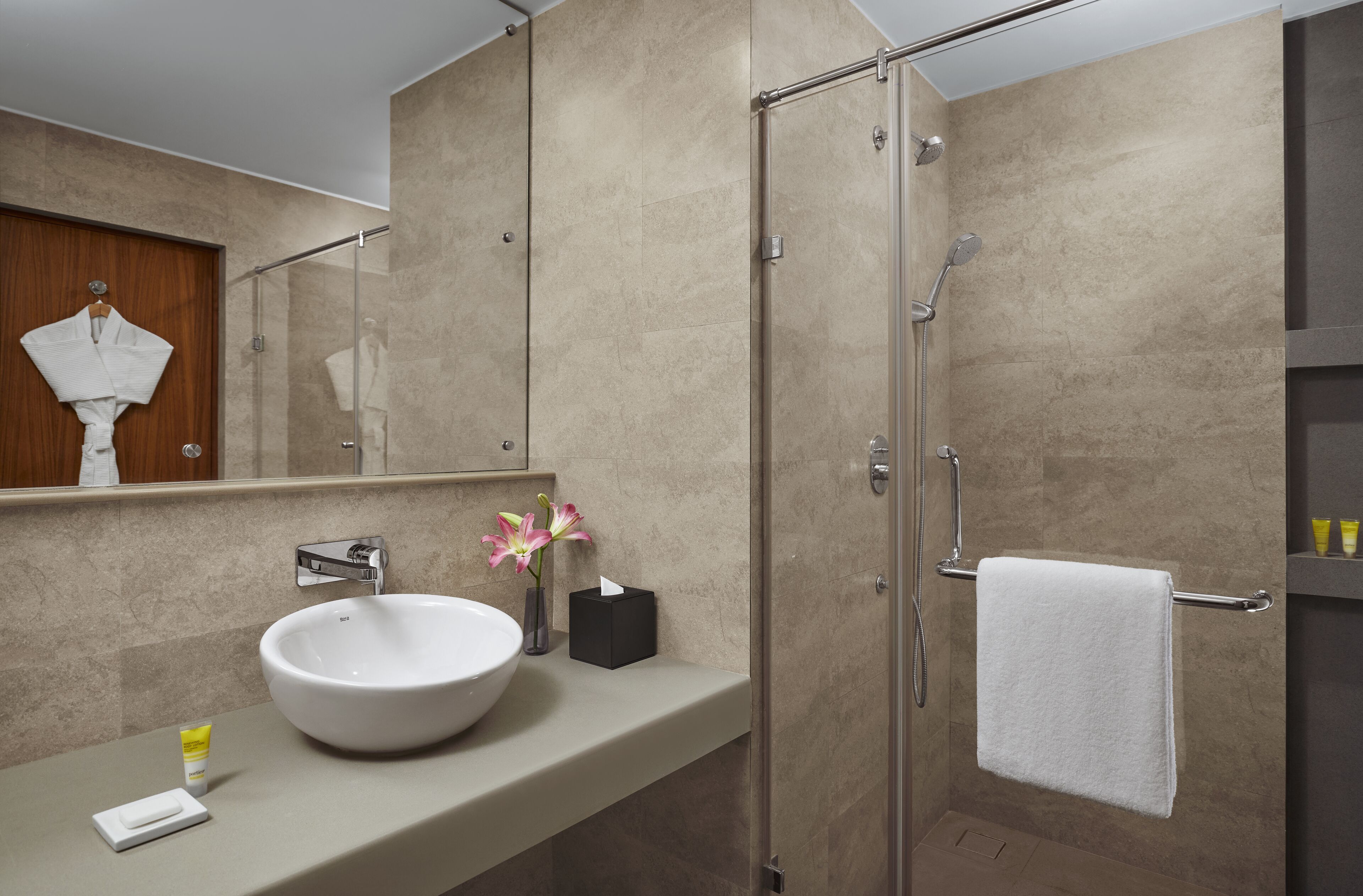 A modern bathroom with a large sink, a glass shower enclosure, and a towel rack.