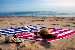 Private beach, white sand, beach towels