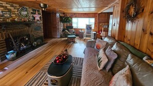 Smart TV, fireplace, books, video library