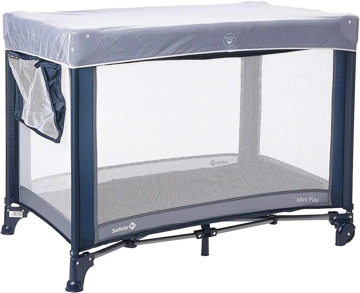 A portable playpen with a safety mesh, labeled "Mini Play," and a "Safety 1st" logo.