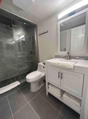 Douche, sèche-cheveux, serviettes fournies, papier toilette