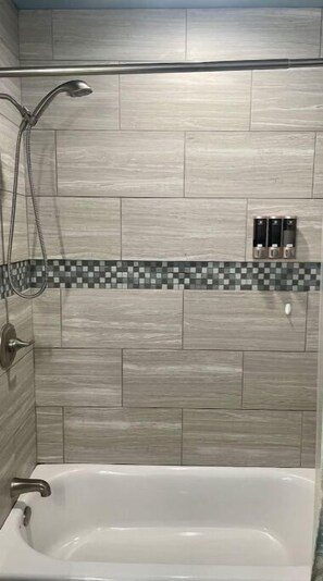 Hair dryer, towels, soap, shampoo
