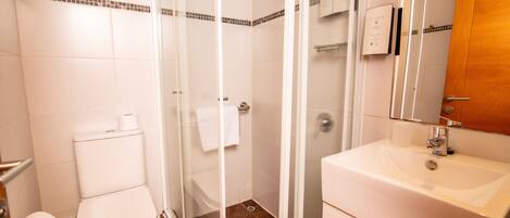 A bathroom with a toilet, shower, and sink.