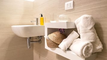 Shower, hair dryer, bidet, towels
