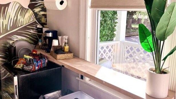 Une petite cuisine équipée, avec une fenêtre, une plante en pot et un petit tabouret.