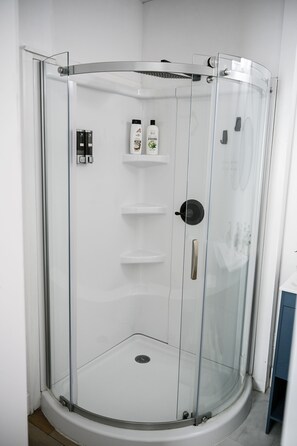 Eine Duschkabine mit Tür, Handläufe und Ablage für Toilettenartikel.