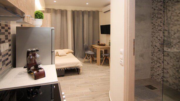 Ett modernt hotellrum med ett litet kök, en säng, ett skrivbord och en duschhörna.