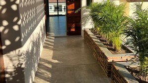 Un pasillo moderno con suelo de hormigón, una jardinera de madera con plantas y un revestimiento mural estampado.