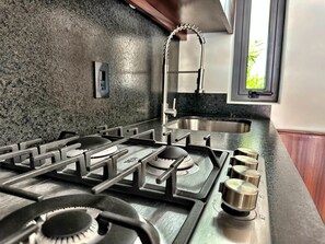 Fridge, microwave, stovetop, coffee/tea maker